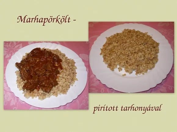 Marhapörkölt pirított tarhonyával